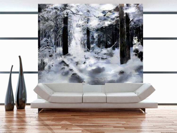 Photo Wallpaper Winter Forest - Forest Landscape with Snow-Covered Trees in Subtle Colours 60269