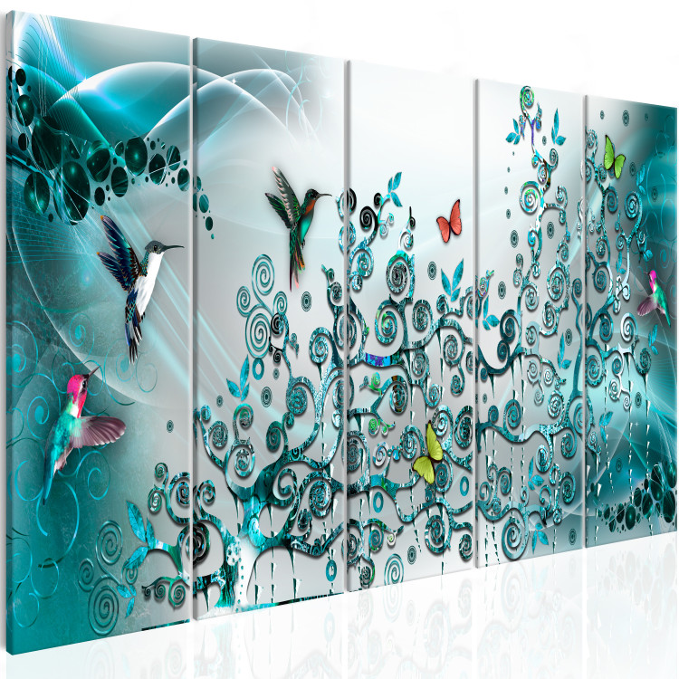 Canvas Art Print Hummingbird Dance (5-part) Narrow - Animals on Turquoise Background 107779 additionalImage 2