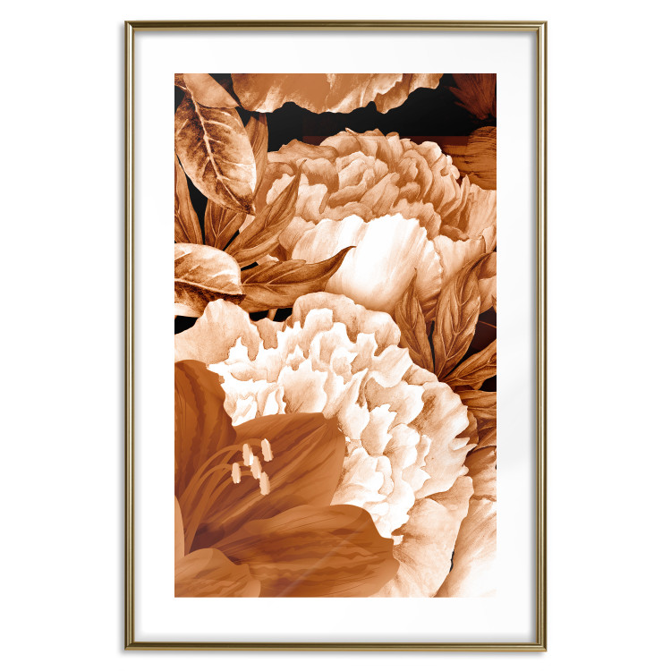 Poster Lilies and Peonies - plant flowers and leaves in sepia motif on black background 123879 additionalImage 20