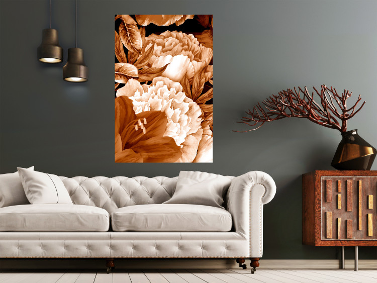 Poster Lilies and Peonies - plant flowers and leaves in sepia motif on black background 123879 additionalImage 14