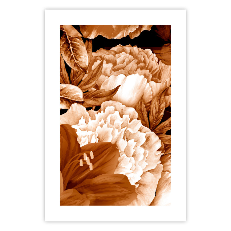 Poster Lilies and Peonies - plant flowers and leaves in sepia motif on black background 123879 additionalImage 16