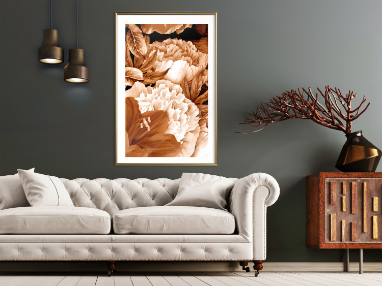 Poster Lilies and Peonies - plant flowers and leaves in sepia motif on black background 123879 additionalImage 13