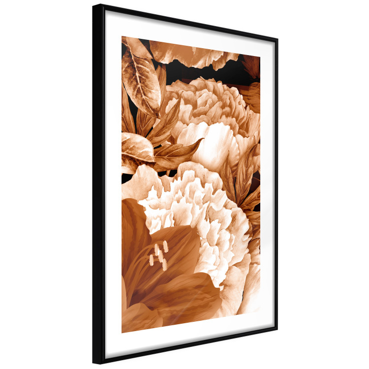 Poster Lilies and Peonies - plant flowers and leaves in sepia motif on black background 123879 additionalImage 11
