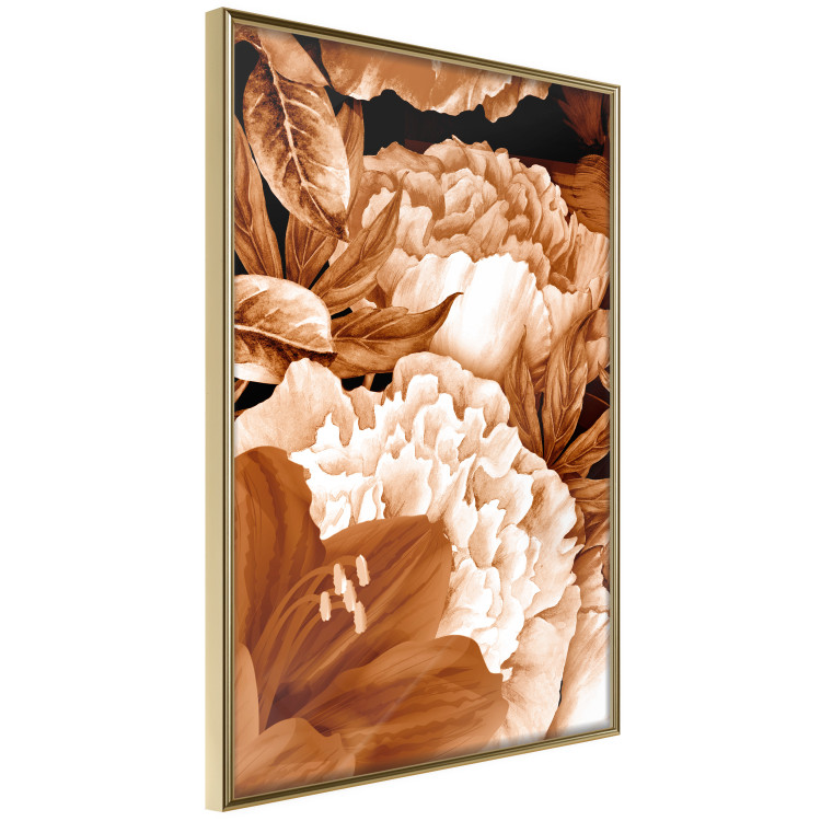Poster Lilies and Peonies - plant flowers and leaves in sepia motif on black background 123879 additionalImage 12