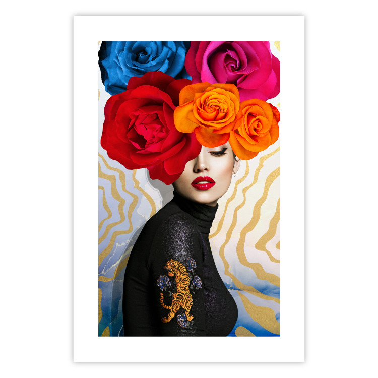 Wall Poster Tiger on Shoulder - portrait of a woman with colorful flowers on her head 127479 additionalImage 15