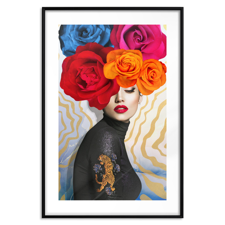 Wall Poster Tiger on Shoulder - portrait of a woman with colorful flowers on her head 127479 additionalImage 27