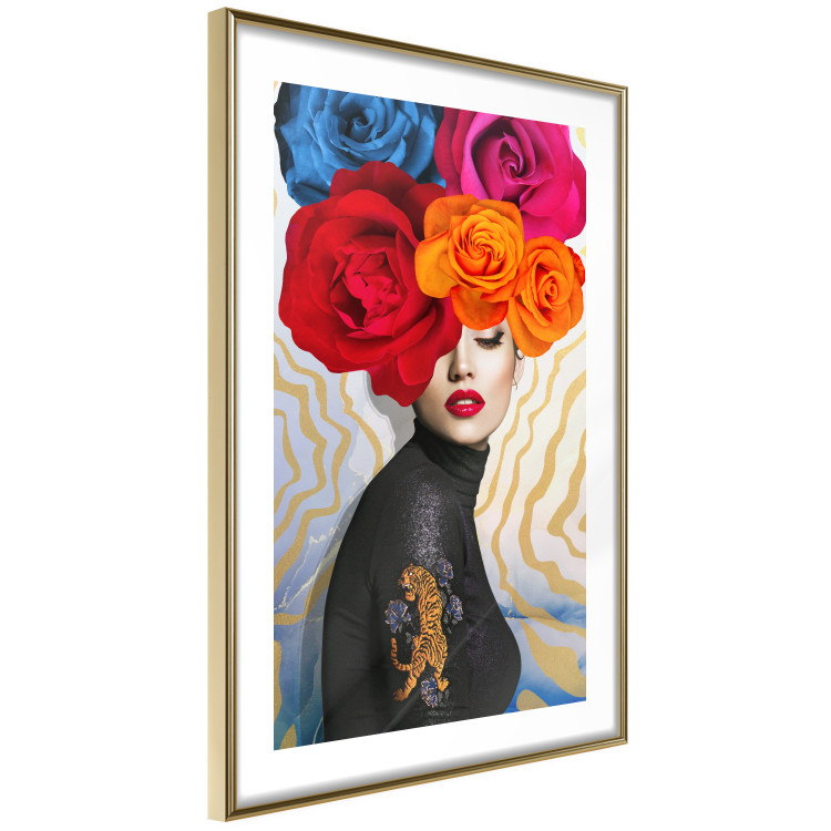 Wall Poster Tiger on Shoulder - portrait of a woman with colorful flowers on her head 127479 additionalImage 9