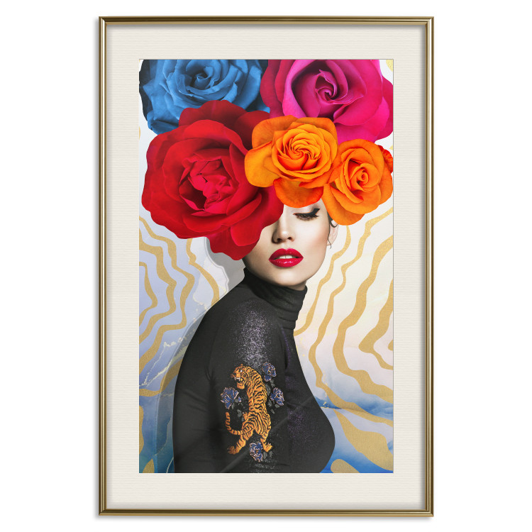 Wall Poster Tiger on Shoulder - portrait of a woman with colorful flowers on her head 127479 additionalImage 25