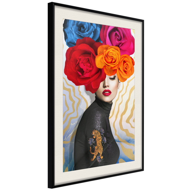 Wall Poster Tiger on Shoulder - portrait of a woman with colorful flowers on her head 127479 additionalImage 2