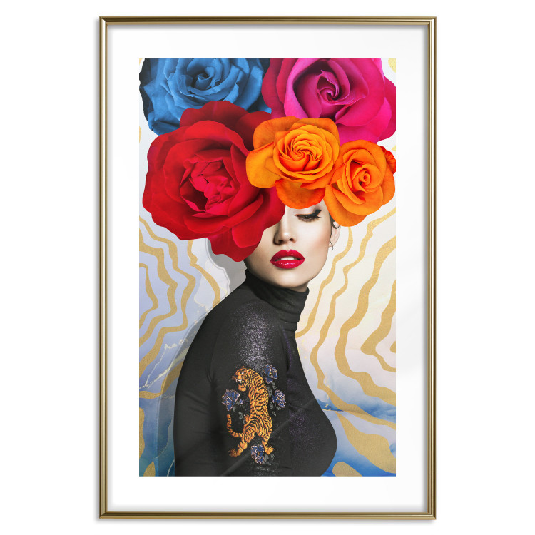 Wall Poster Tiger on Shoulder - portrait of a woman with colorful flowers on her head 127479 additionalImage 19