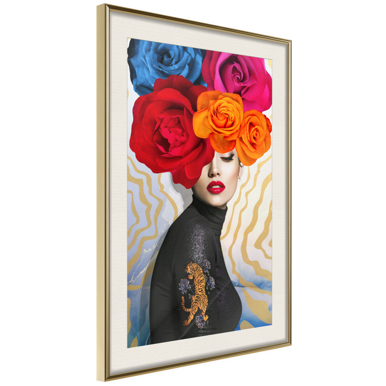 Wall Poster Tiger on Shoulder - portrait of a woman with colorful flowers on her head 127479 additionalImage 3