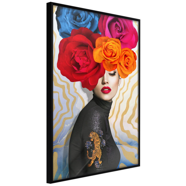 Wall Poster Tiger on Shoulder - portrait of a woman with colorful flowers on her head 127479 additionalImage 13