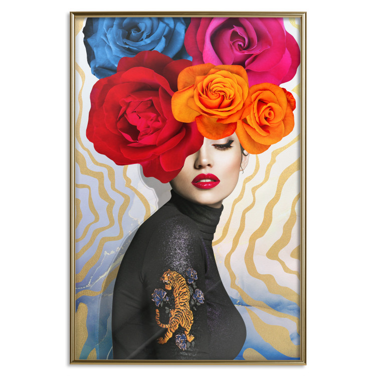 Wall Poster Tiger on Shoulder - portrait of a woman with colorful flowers on her head 127479 additionalImage 16
