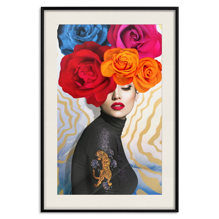 Wall Poster Tiger on Shoulder - portrait of a woman with colorful flowers on her head 127479 additionalImage 24