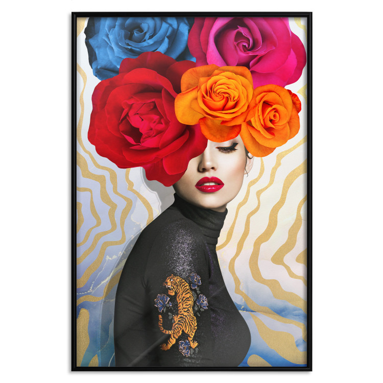 Wall Poster Tiger on Shoulder - portrait of a woman with colorful flowers on her head 127479 additionalImage 17