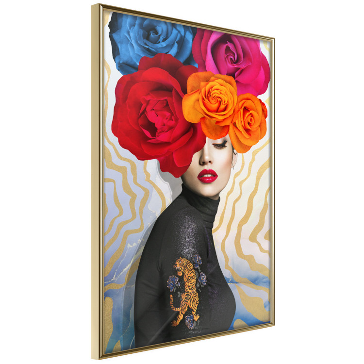 Wall Poster Tiger on Shoulder - portrait of a woman with colorful flowers on her head 127479 additionalImage 14