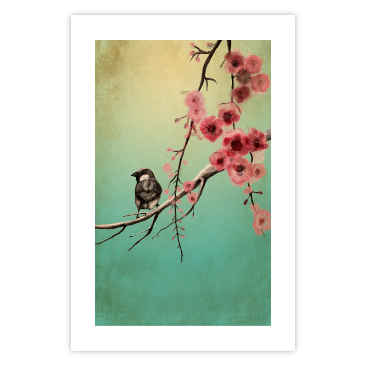Wall Poster Cherry Blossoms - colorful composition with a small bird among branches 129379 additionalImage 25