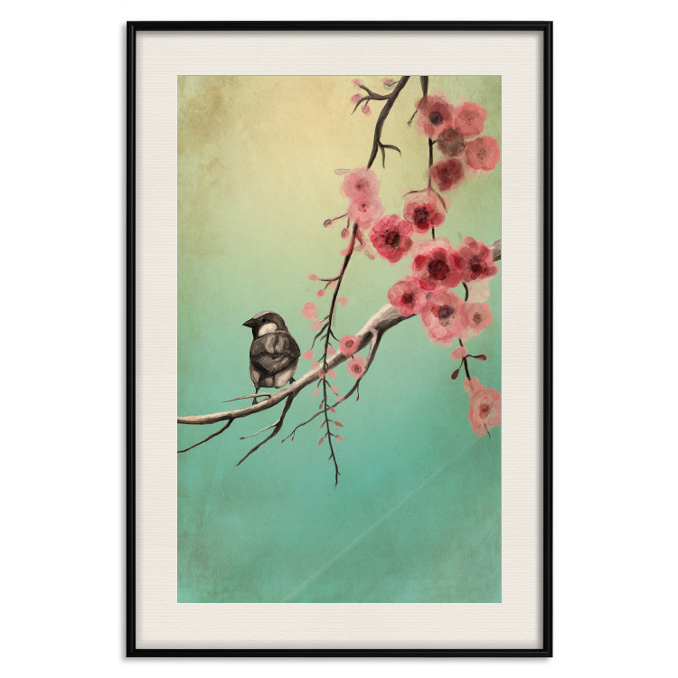 Wall Poster Cherry Blossoms - colorful composition with a small bird among branches 129379 additionalImage 19