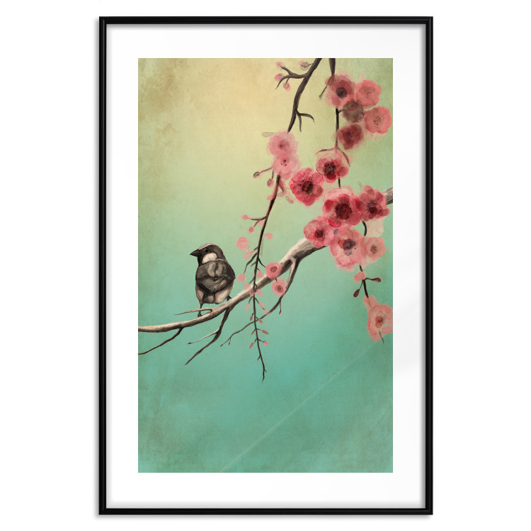 Wall Poster Cherry Blossoms - colorful composition with a small bird among branches 129379 additionalImage 15