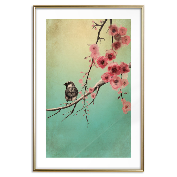 Wall Poster Cherry Blossoms - colorful composition with a small bird among branches 129379 additionalImage 16
