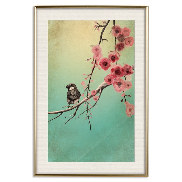 Wall Poster Cherry Blossoms - colorful composition with a small bird among branches 129379 additionalImage 20