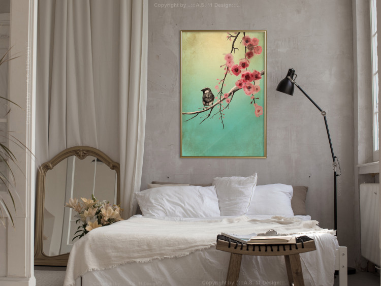 Wall Poster Cherry Blossoms - colorful composition with a small bird among branches 129379 additionalImage 7