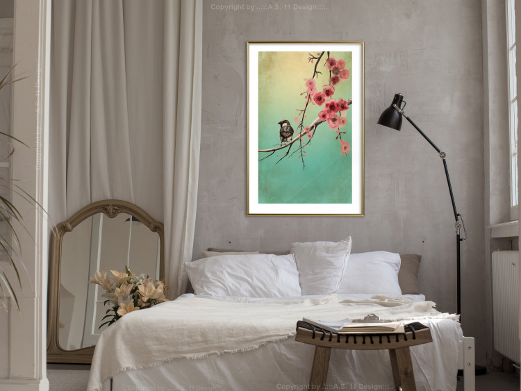 Wall Poster Cherry Blossoms - colorful composition with a small bird among branches 129379 additionalImage 13