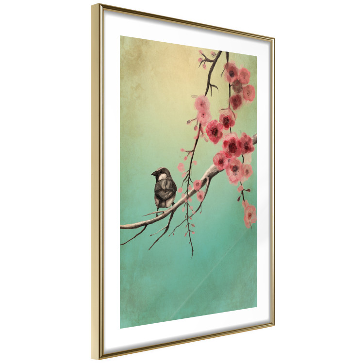Wall Poster Cherry Blossoms - colorful composition with a small bird among branches 129379 additionalImage 9