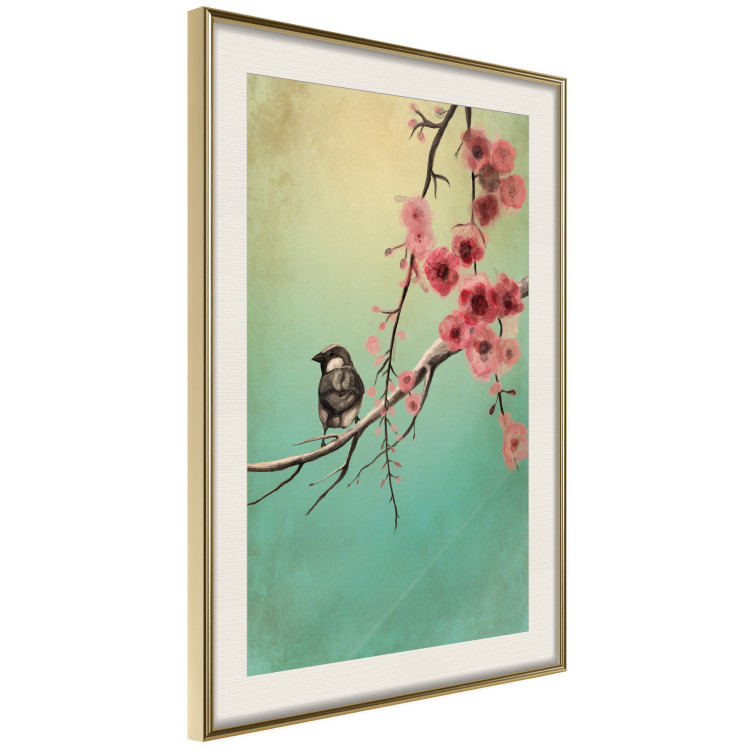 Wall Poster Cherry Blossoms - colorful composition with a small bird among branches 129379 additionalImage 3