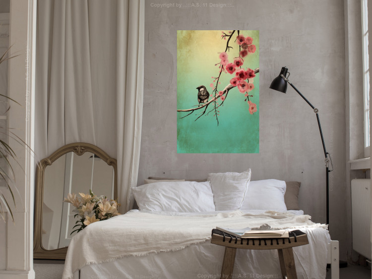 Wall Poster Cherry Blossoms - colorful composition with a small bird among branches 129379 additionalImage 2