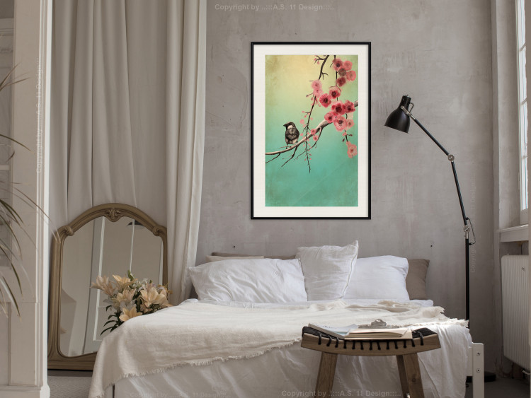 Wall Poster Cherry Blossoms - colorful composition with a small bird among branches 129379 additionalImage 24