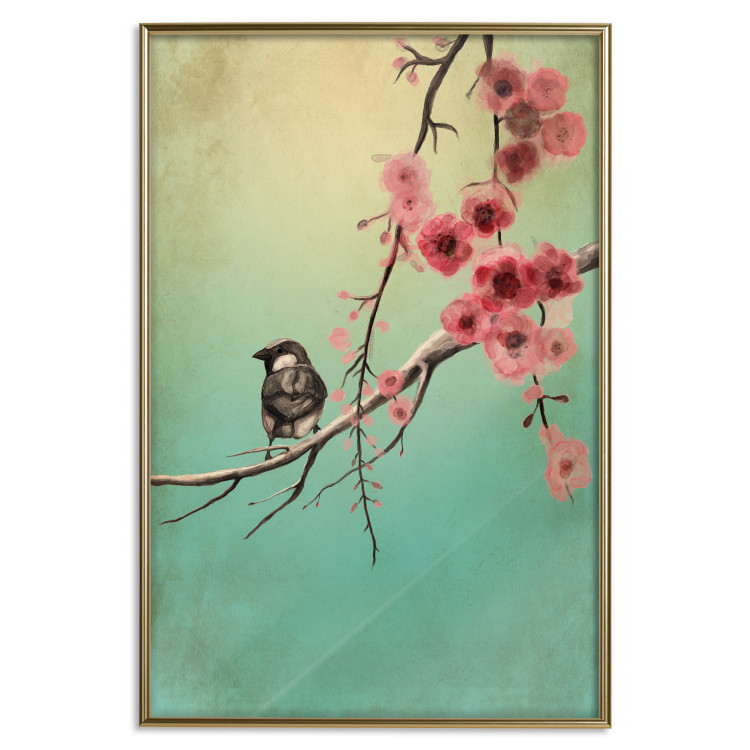 Wall Poster Cherry Blossoms - colorful composition with a small bird among branches 129379 additionalImage 17