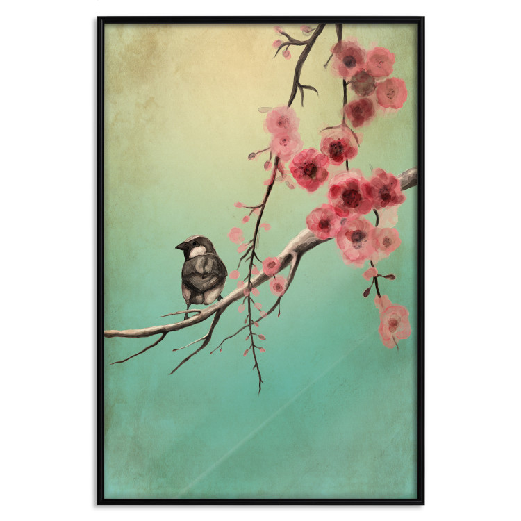 Wall Poster Cherry Blossoms - colorful composition with a small bird among branches 129379 additionalImage 16
