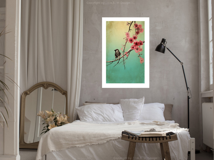 Wall Poster Cherry Blossoms - colorful composition with a small bird among branches 129379 additionalImage 5