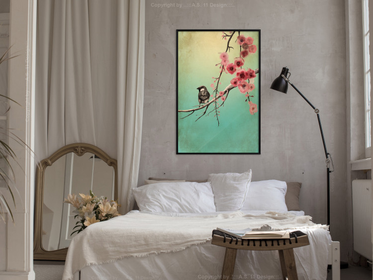 Wall Poster Cherry Blossoms - colorful composition with a small bird among branches 129379 additionalImage 4