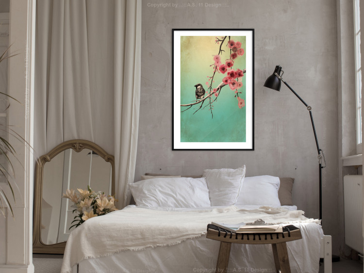 Wall Poster Cherry Blossoms - colorful composition with a small bird among branches 129379 additionalImage 18