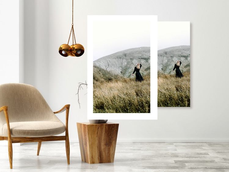 Poster Lost in Nature - landscape of a meadow with a woman against a mountain range 130279 additionalImage 5