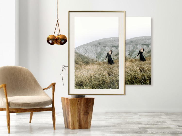 Poster Lost in Nature - landscape of a meadow with a woman against a mountain range 130279 additionalImage 22