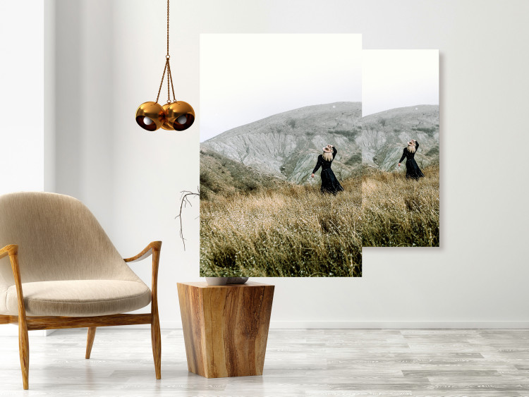 Poster Lost in Nature - landscape of a meadow with a woman against a mountain range 130279 additionalImage 2