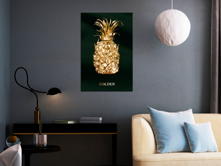 Canvas Art Print Gold pineapple - fruit with an inscription on the green background 135579 additionalImage 3