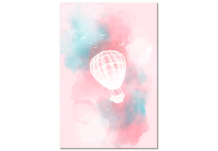Canvas Balloon on a pastel sky - a ruined landscape with clouds and birds in pink and blue shades in the style of watercolor 135679