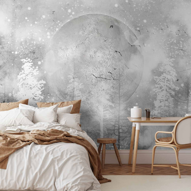 Wall Mural Abstract frosty grey composition - moon among trees with patterns 138379