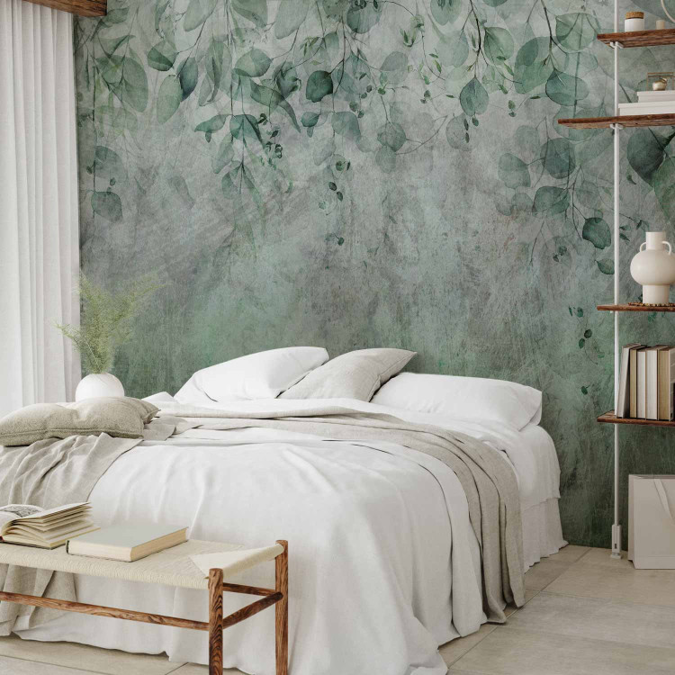 Wall Mural Among greenery - Delicate green leaf motif on a gray background 142279 additionalImage 2