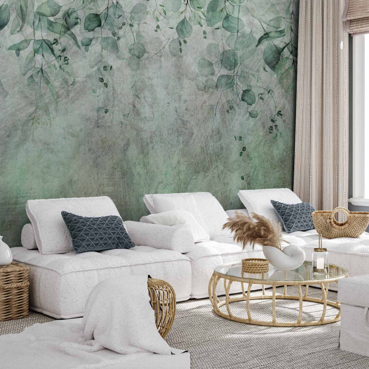 Wall Mural Among greenery - Delicate green leaf motif on a gray background 142279