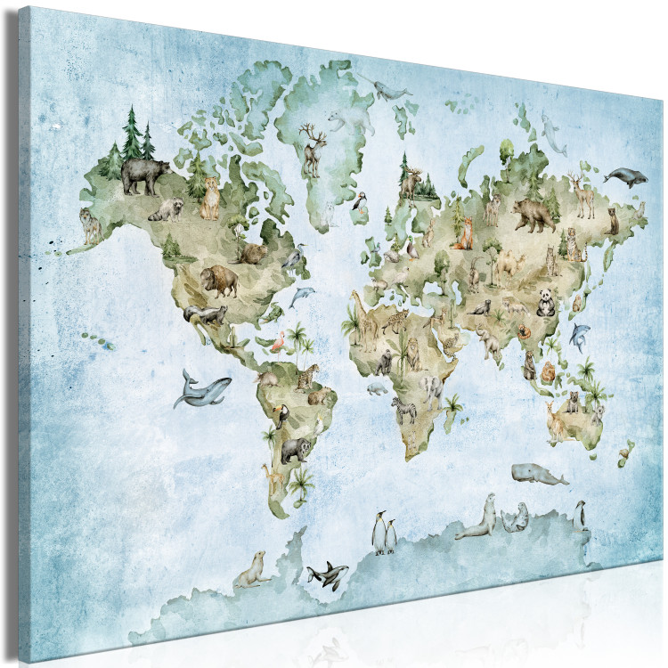 Canvas Art Print Map for Children - Continents of the World with Animals in the Colors of Nature 146479 additionalImage 2