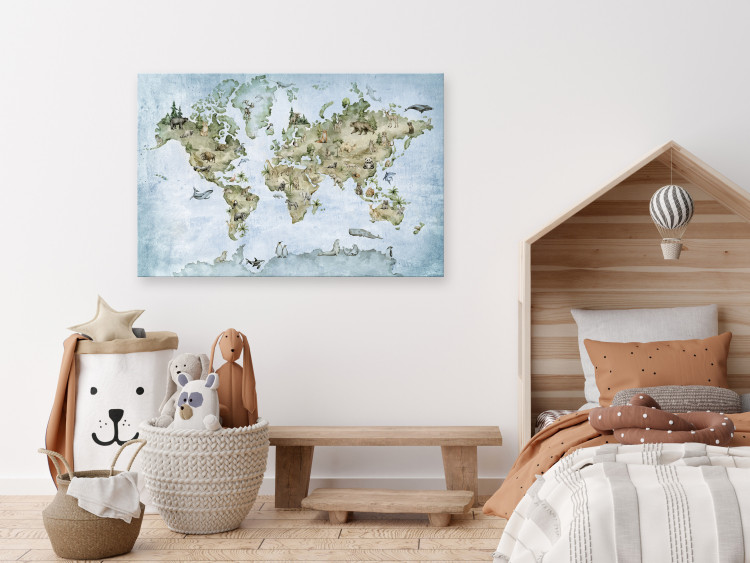 Canvas Art Print Map for Children - Continents of the World with Animals in the Colors of Nature 146479 additionalImage 3