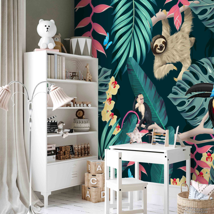 Wall Mural Sloth and Monkeys - Exotic Jungle With Birds on a Dark Background 148579 additionalImage 5