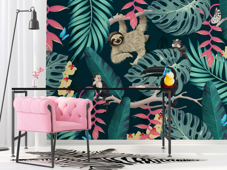 Wall Mural Sloth and Monkeys - Exotic Jungle With Birds on a Dark Background 148579