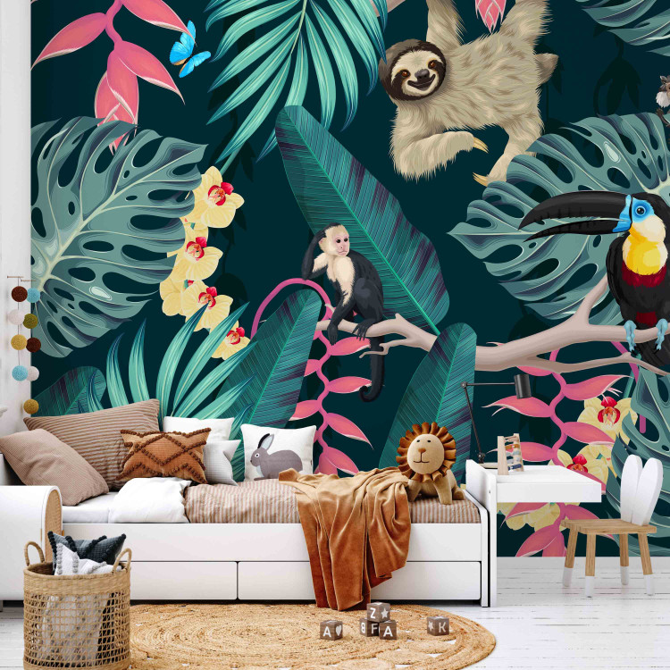 Wall Mural Sloth and Monkeys - Exotic Jungle With Birds on a Dark Background 148579 additionalImage 4
