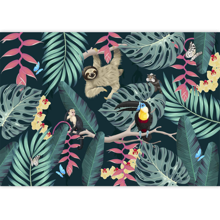 Wall Mural Sloth and Monkeys - Exotic Jungle With Birds on a Dark Background 148579 additionalImage 3